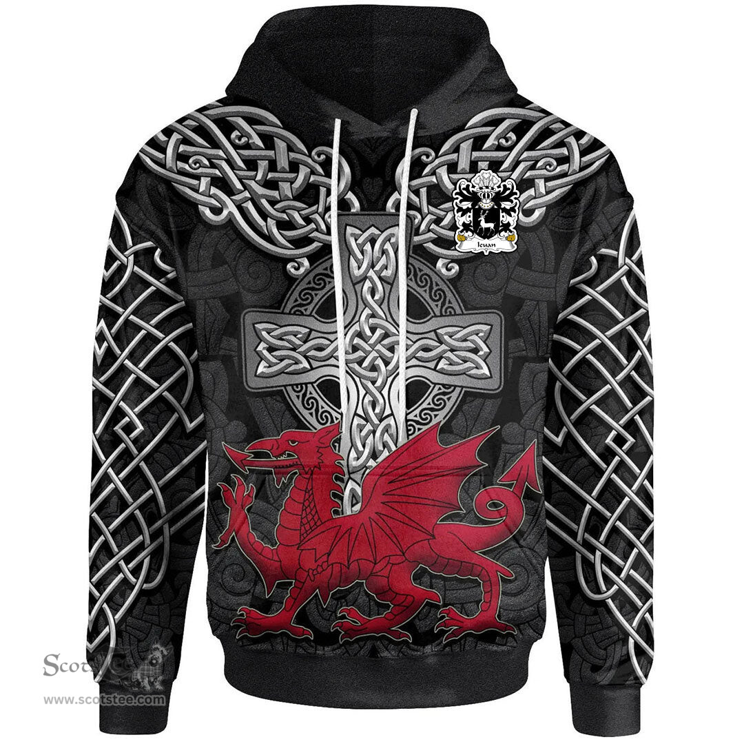 ScotsTee Shop Welsh Ieuan AP DAFYDD AP MADOG Coat of Arms Family Crest Wales Hoodie Cymru Dragon With Celtic Cross Black Hoodie