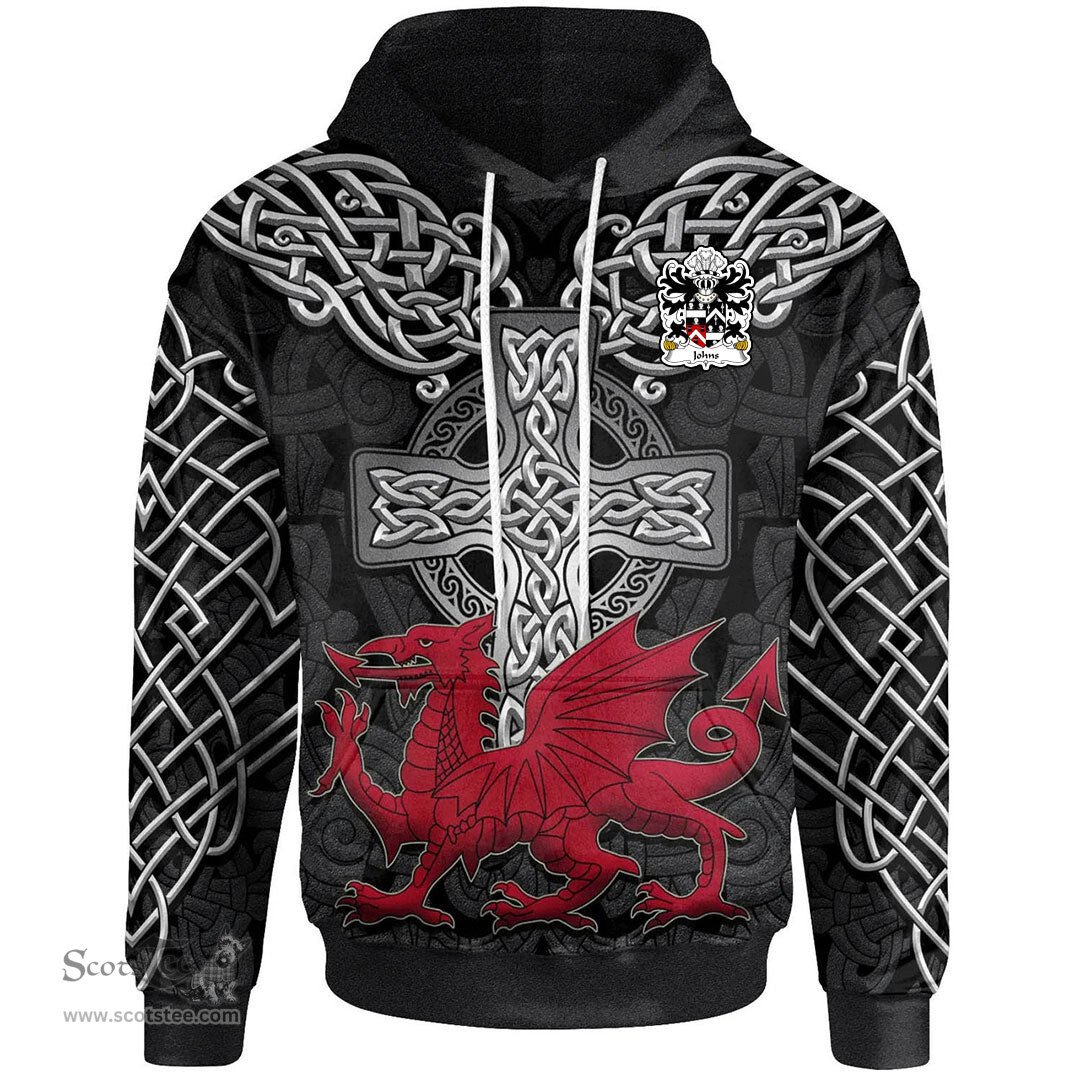 ScotsTee Shop Welsh Johns Sir Hugh of Swansea Coat of Arms Family Crest Wales Hoodie Cymru Dragon With Celtic Cross Black Hoodie