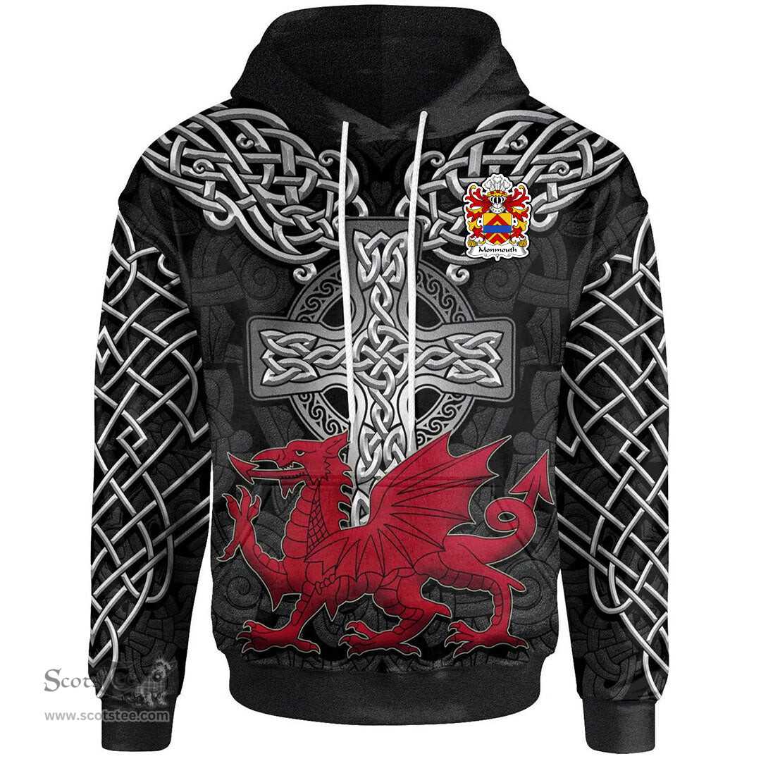 ScotsTee Shop Welsh Monmouth lords of Coat of Arms Family Crest Wales Hoodie Cymru Dragon With Celtic Cross Black Hoodie