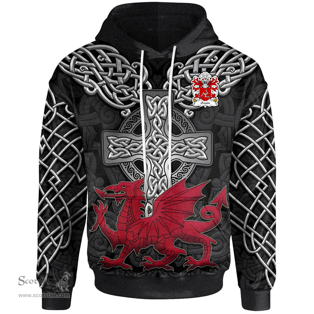 ScotsTee Shop Welsh Owain AP EDWIN or Owen Coat of Arms Family Crest Wales Hoodie Cymru Dragon With Celtic Cross Black Hoodie