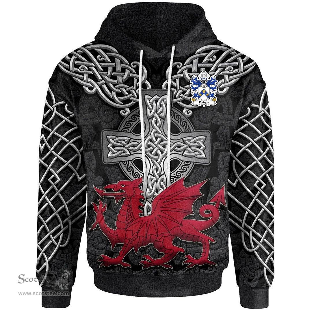 ScotsTee Shop Welsh Dafydd AP CARADOG Coat of Arms Family Crest Wales Hoodie Cymru Dragon With Celtic Cross Black Hoodie