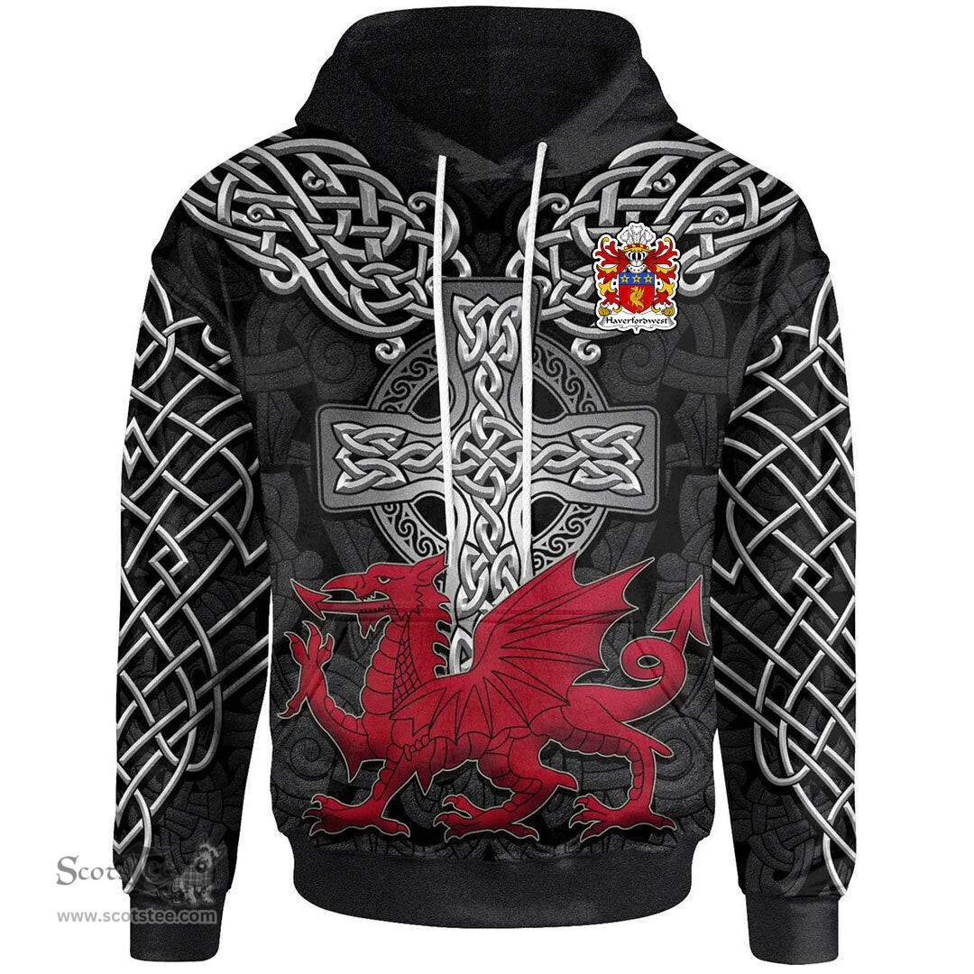 ScotsTee Shop Welsh Haverfordwest priory of Coat of Arms Family Crest Wales Hoodie Cymru Dragon With Celtic Cross Black Hoodie