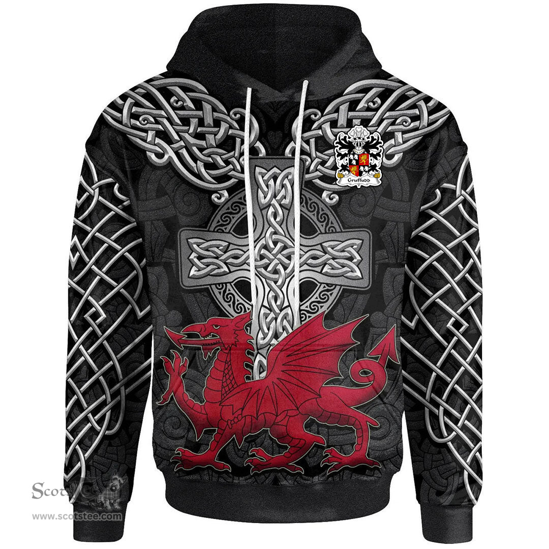 ScotsTee Shop Welsh Gruffudd FYCHAN Sir of Powys of Boniarth Coat of Arms Family Crest Wales Hoodie Cymru Dragon With Celtic Cross Black Hoodie