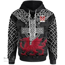 ScotsTee Shop Welsh Tudur AB EDNYFED FYCHAN Coat of Arms Family Crest Wales Hoodie Cymru Dragon With Celtic Cross Black Hoodie
