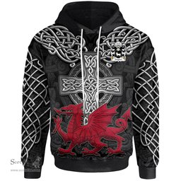 ScotsTee Shop Welsh Vaughan of Montgomershire Coat of Arms Family Crest Wales Hoodie Cymru Dragon With Celtic Cross Black Hoodie