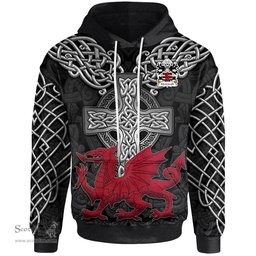 ScotsTee Shop Welsh Monmouth Lord Monmouth Coat of Arms Family Crest Wales Hoodie Cymru Dragon With Celtic Cross Black Hoodie
