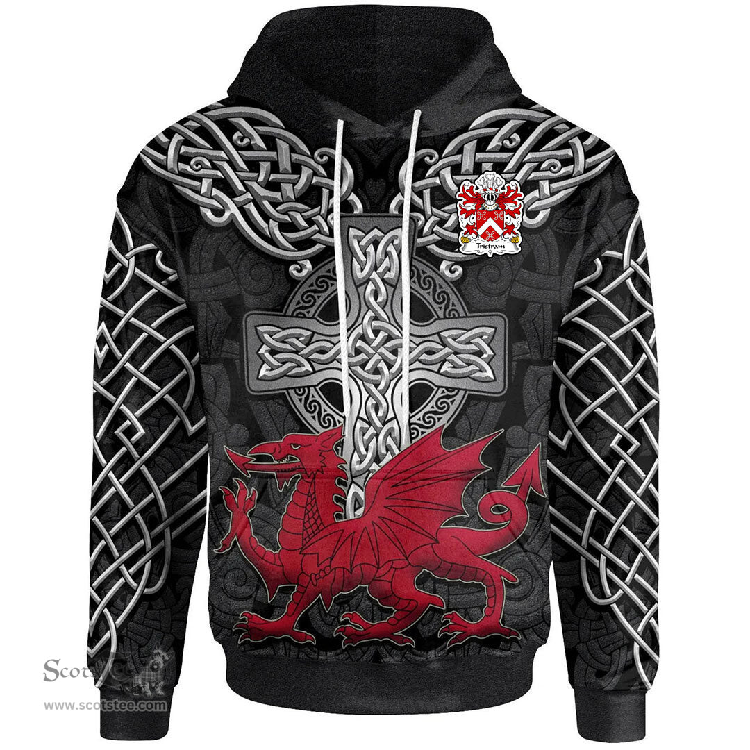 ScotsTee Shop Welsh Tristram OR TRYSTAN Coat of Arms Family Crest Wales Hoodie Cymru Dragon With Celtic Cross Black Hoodie