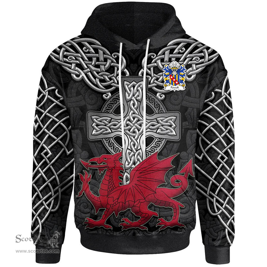 ScotsTee Shop Welsh Powell or POUUEL Sir Hywel ap Hywel Coat of Arms Family Crest Wales Hoodie Cymru Dragon With Celtic Cross Black Hoodie