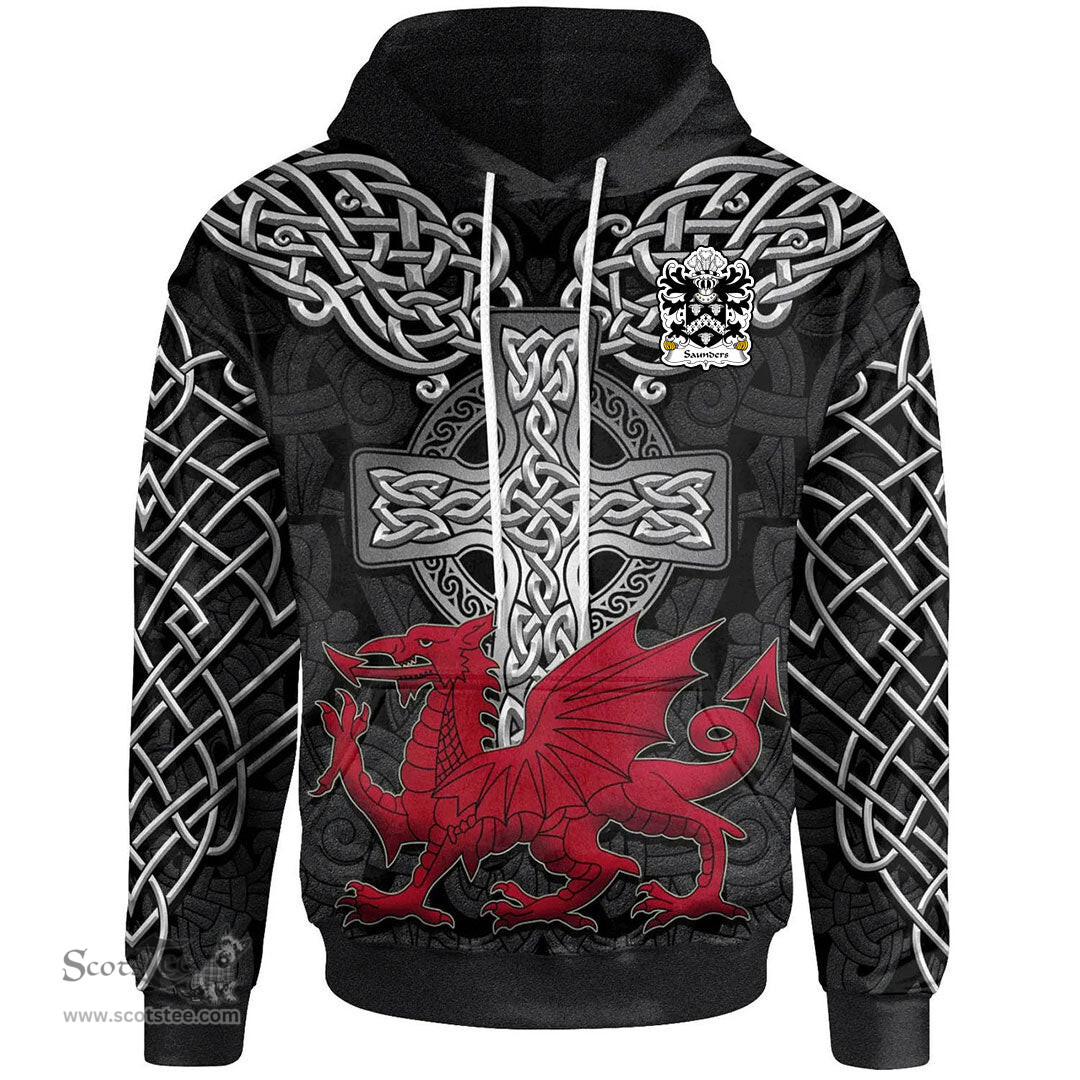 ScotsTee Shop Welsh Saunders of Pendine Carmanthenshire Coat of Arms Family Crest Wales Hoodie Cymru Dragon With Celtic Cross Black Hoodie