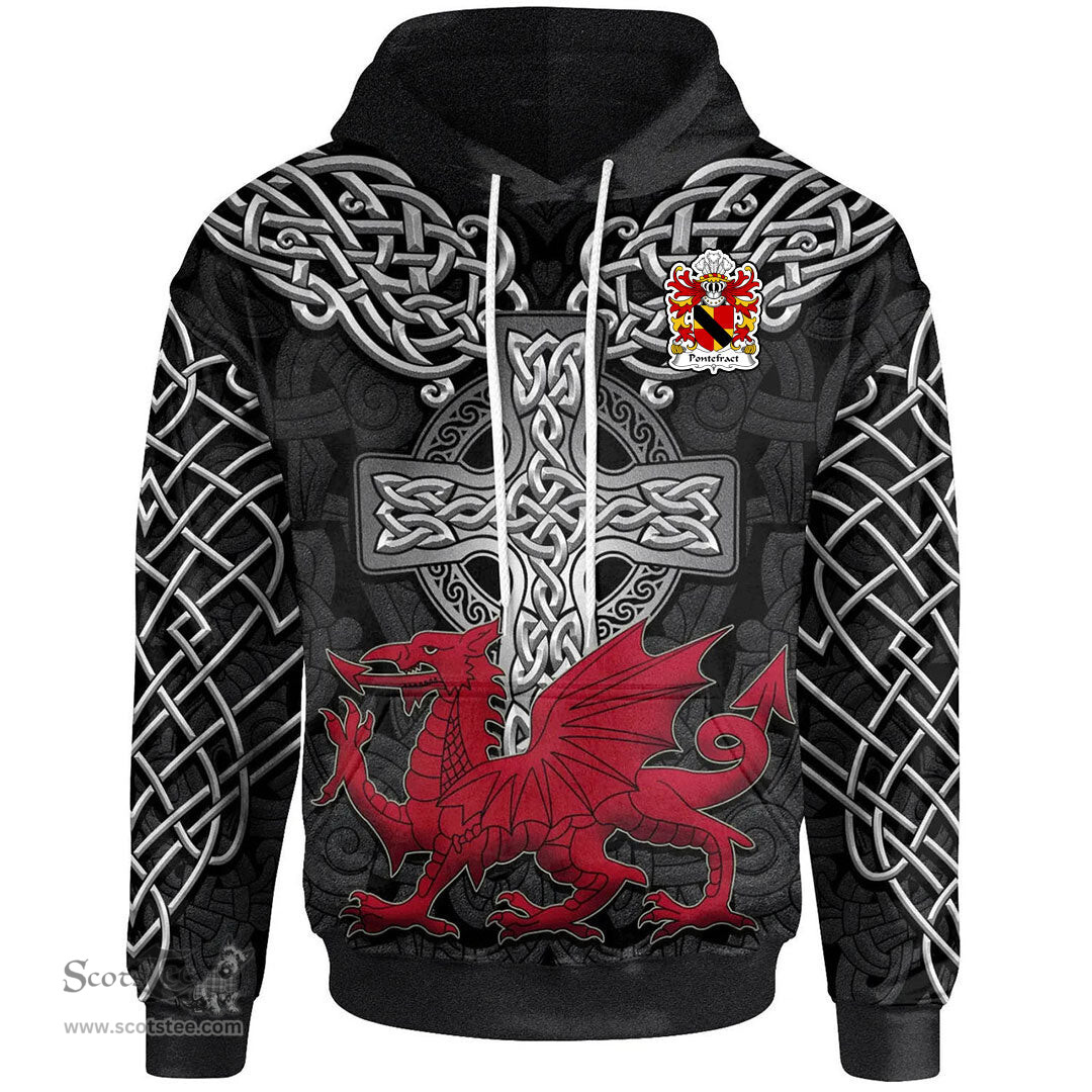 ScotsTee Shop Welsh Pontefract of Denbighshire Coat of Arms Family Crest Wales Hoodie Cymru Dragon With Celtic Cross Black Hoodie