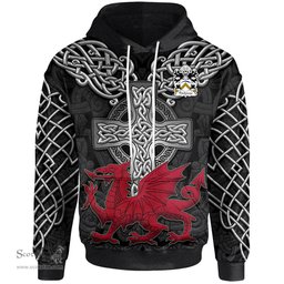 ScotsTee Shop Welsh Thicknesse of Beaumaris Anglesey Coat of Arms Family Crest Wales Hoodie Cymru Dragon With Celtic Cross Black Hoodie