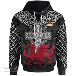 ScotsTee Shop Welsh Wallis of Llan arth Monmouthshire Coat of Arms Family Crest Wales Hoodie Cymru Dragon With Celtic Cross Black Hoodie