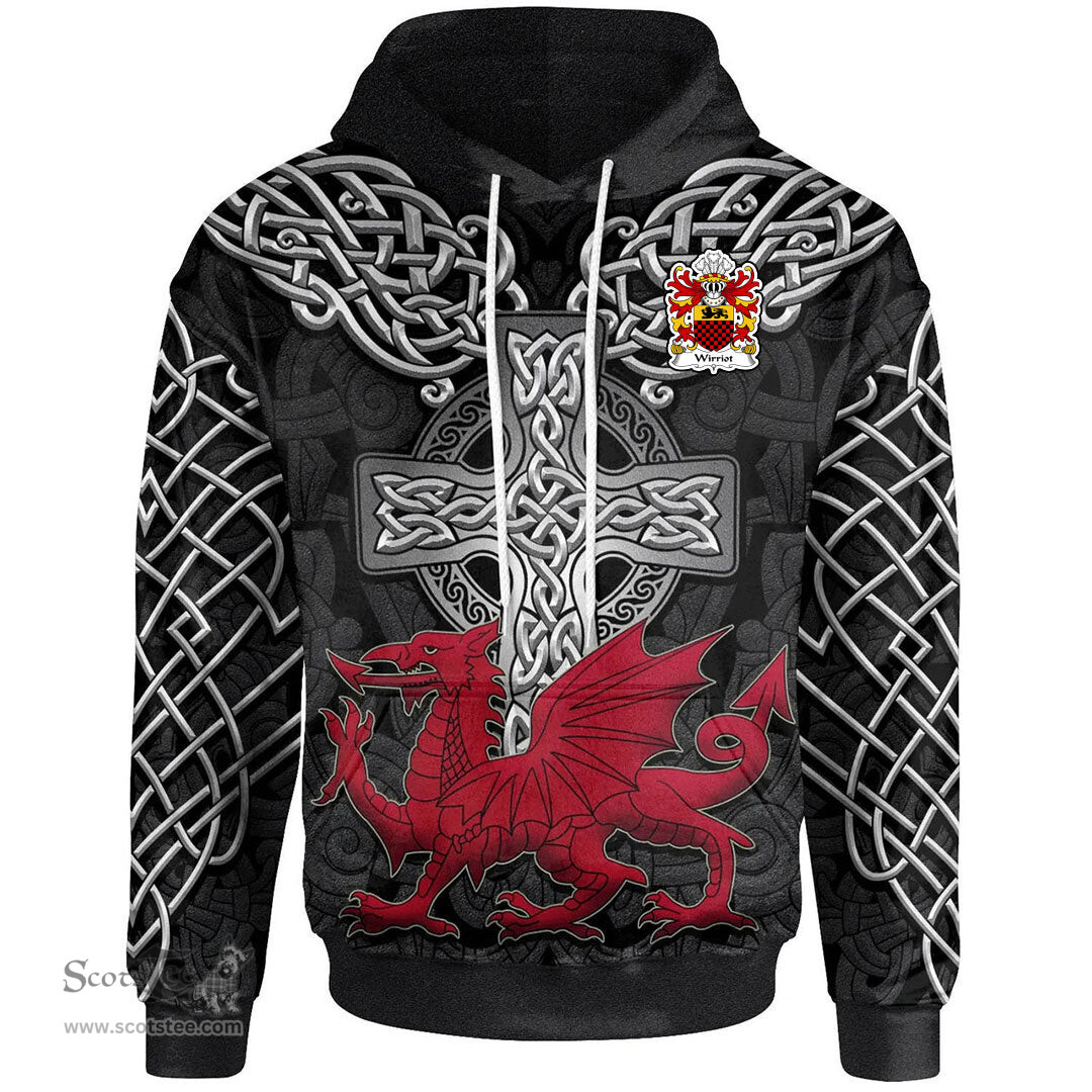 ScotsTee Shop Welsh Wirriot of Pembrokeshire Coat of Arms Family Crest Wales Hoodie Cymru Dragon With Celtic Cross Black Hoodie