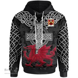 ScotsTee Shop Welsh Wirriot of Pembrokeshire Coat of Arms Family Crest Wales Hoodie Cymru Dragon With Celtic Cross Black Hoodie