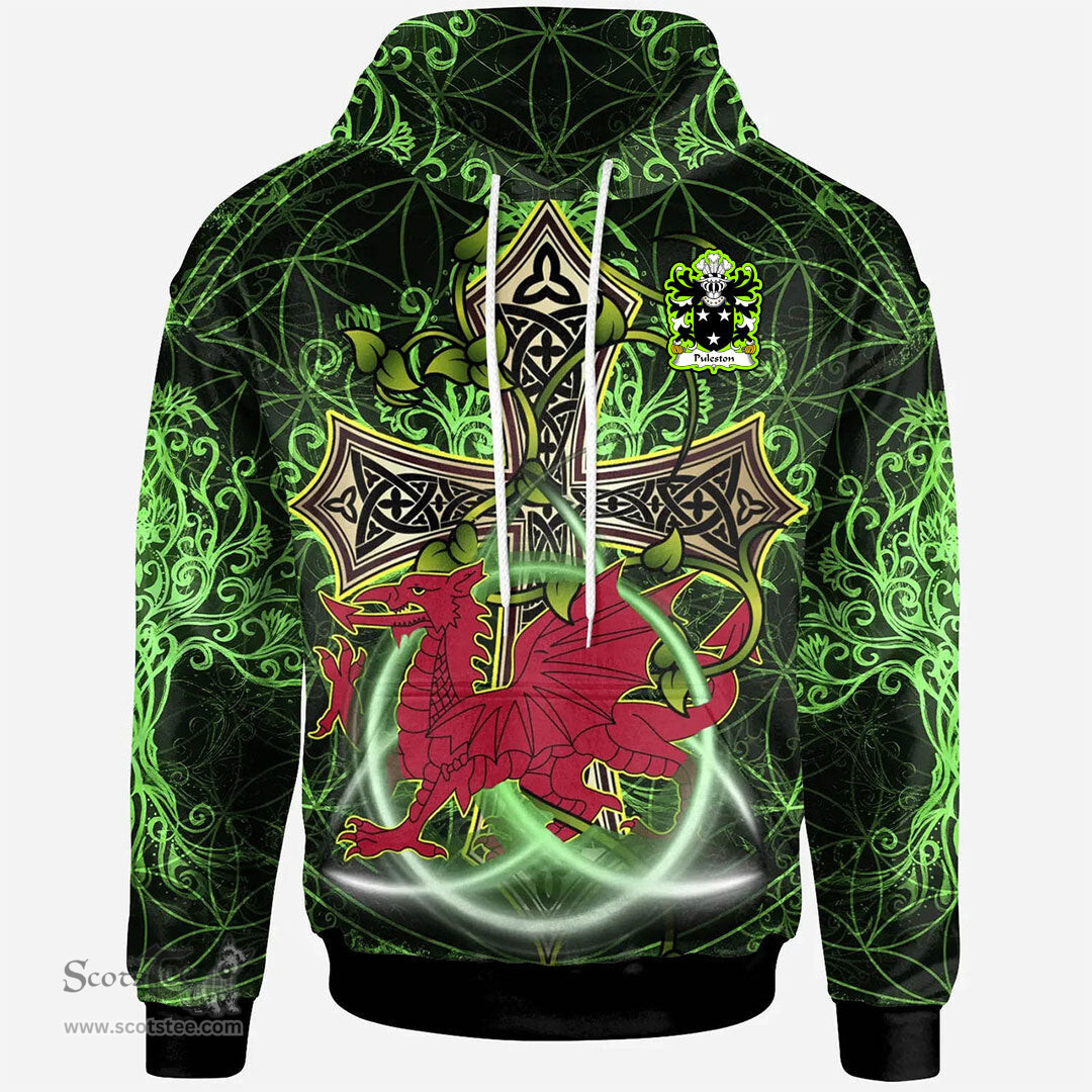 ScotsTee Shop Welsh Puleston of Emral Worthenbury Denbighshire Coat of Arms Family Crest Wales Hoodie Wales Dragon with Celtic Cross Hoodie