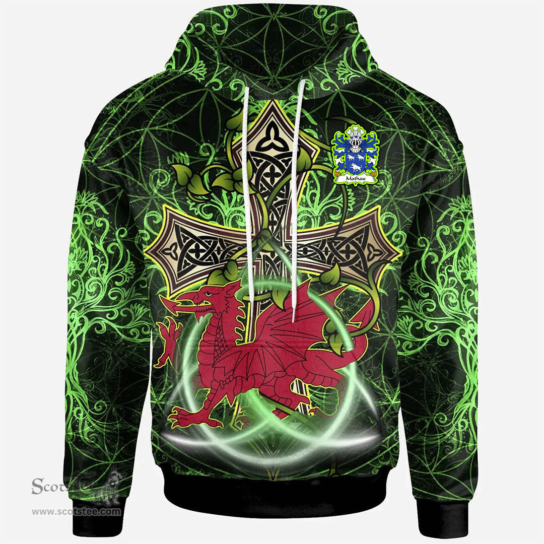 ScotsTee Shop Welsh Mathau or Mathew GOCH Coat of Arms Family Crest Wales Hoodie Wales Dragon with Celtic Cross Hoodie