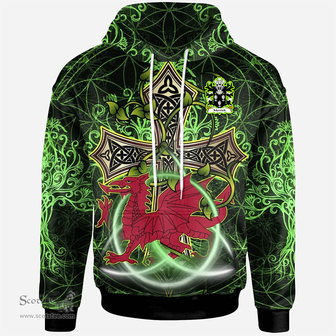 ScotsTee Shop Welsh Merrick Rhys ap Meurig of Glamorgan Coat of Arms Family Crest Wales Hoodie Wales Dragon with Celtic Cross Hoodie