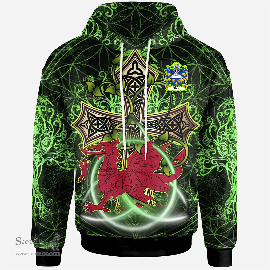 ScotsTee Shop Welsh Rhys AP DAFYDD GOCH Coat of Arms Family Crest Wales Hoodie Wales Dragon with Celtic Cross Hoodie