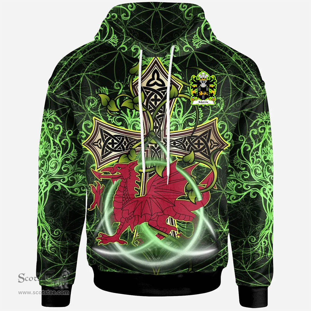 ScotsTee Shop Welsh Morris of Cardiganshire Coat of Arms Family Crest Wales Hoodie Wales Dragon with Celtic Cross Hoodie