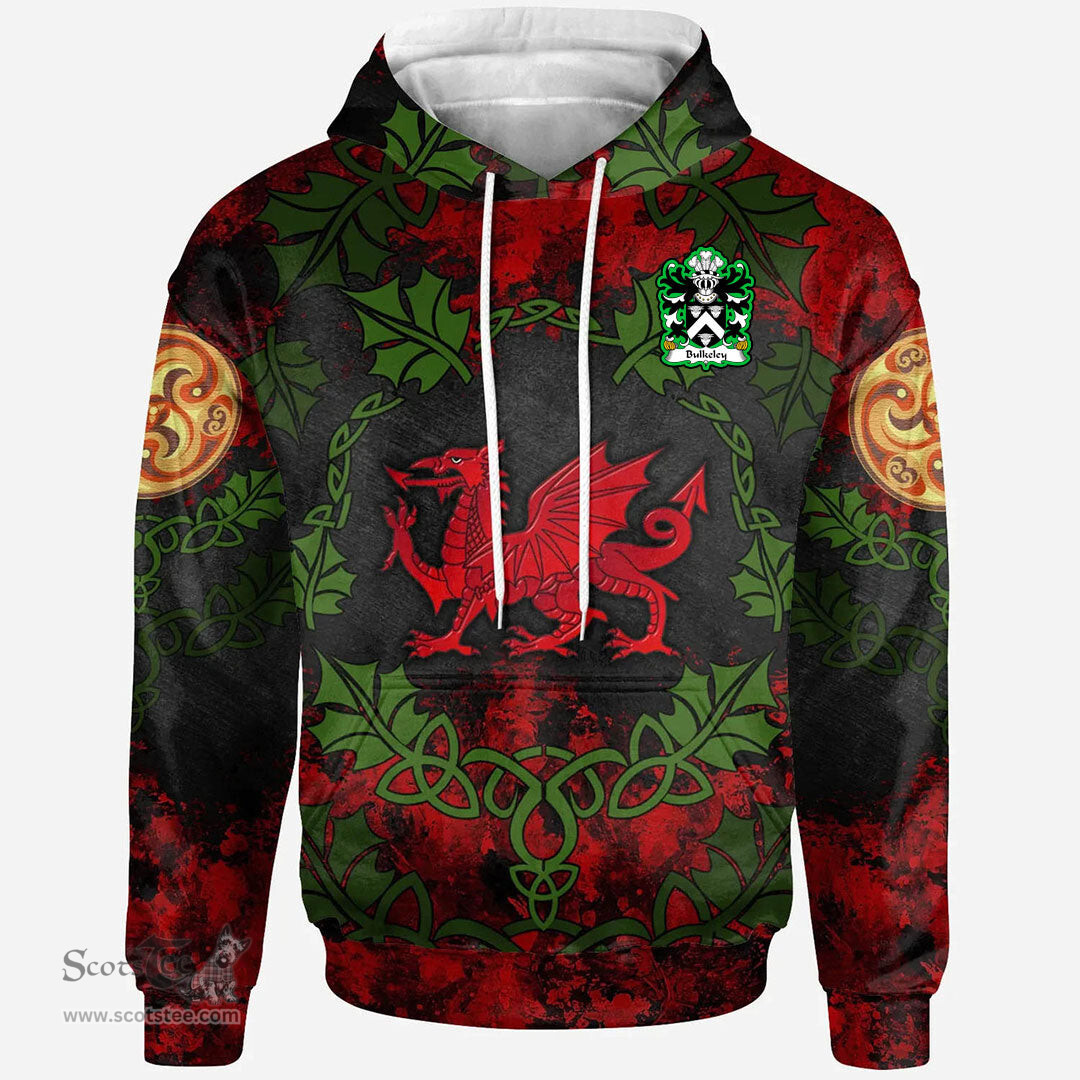 ScotsTee Shop Welsh Bulkeley of Anglesey Coat of Arms Family Crest Wales Hoodie Welsh Dragon with Leaf Vines