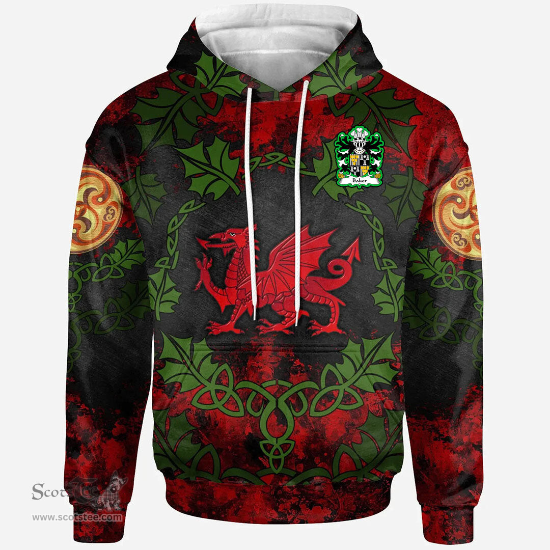 ScotsTee Shop Welsh Baker of Abergavenny Coat of Arms Family Crest Wales Hoodie Welsh Dragon with Leaf Vines