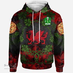 ScotsTee Shop Welsh Cynwrig FYCHAN or CWNWS DDU Coat of Arms Family Crest Wales Hoodie Welsh Dragon with Leaf Vines
