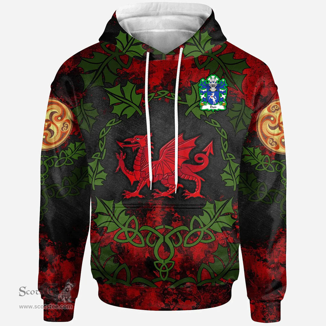 ScotsTee Shop Welsh Dun or DONNE Sir Daniel Coat of Arms Family Crest Wales Hoodie Welsh Dragon with Leaf Vines