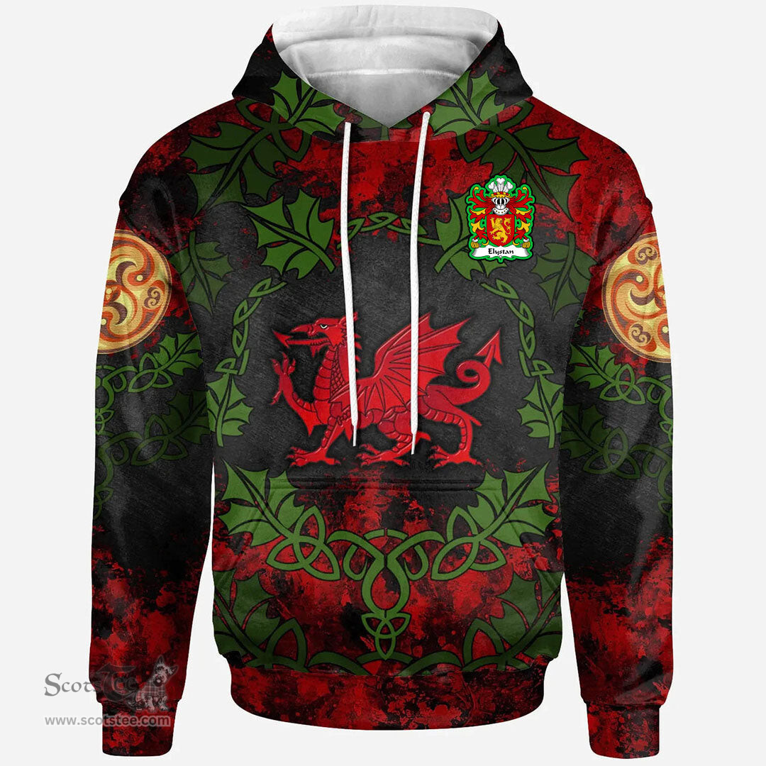 ScotsTee Shop Welsh Elystan GLODRYDD Coat of Arms Family Crest Wales Hoodie Welsh Dragon with Leaf Vines