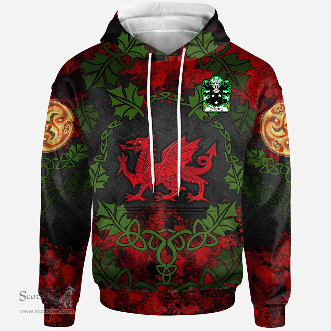 ScotsTee Shop Welsh Puleston of Emral Worthenbury Denbighshire Coat of Arms Family Crest Wales Hoodie Welsh Dragon with Leaf Vines