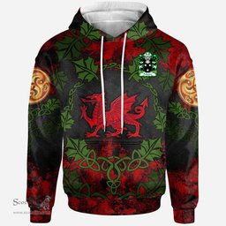 ScotsTee Shop Welsh Puleston of Emral Worthenbury Denbighshire Coat of Arms Family Crest Wales Hoodie Welsh Dragon with Leaf Vines