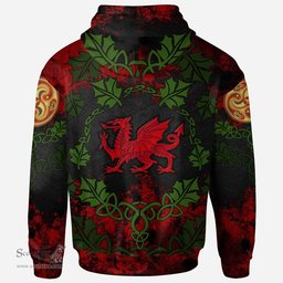 ScotsTee Shop Welsh Wilkins of Glamorgan Coat of Arms Family Crest Wales Hoodie Welsh Dragon with Leaf Vines