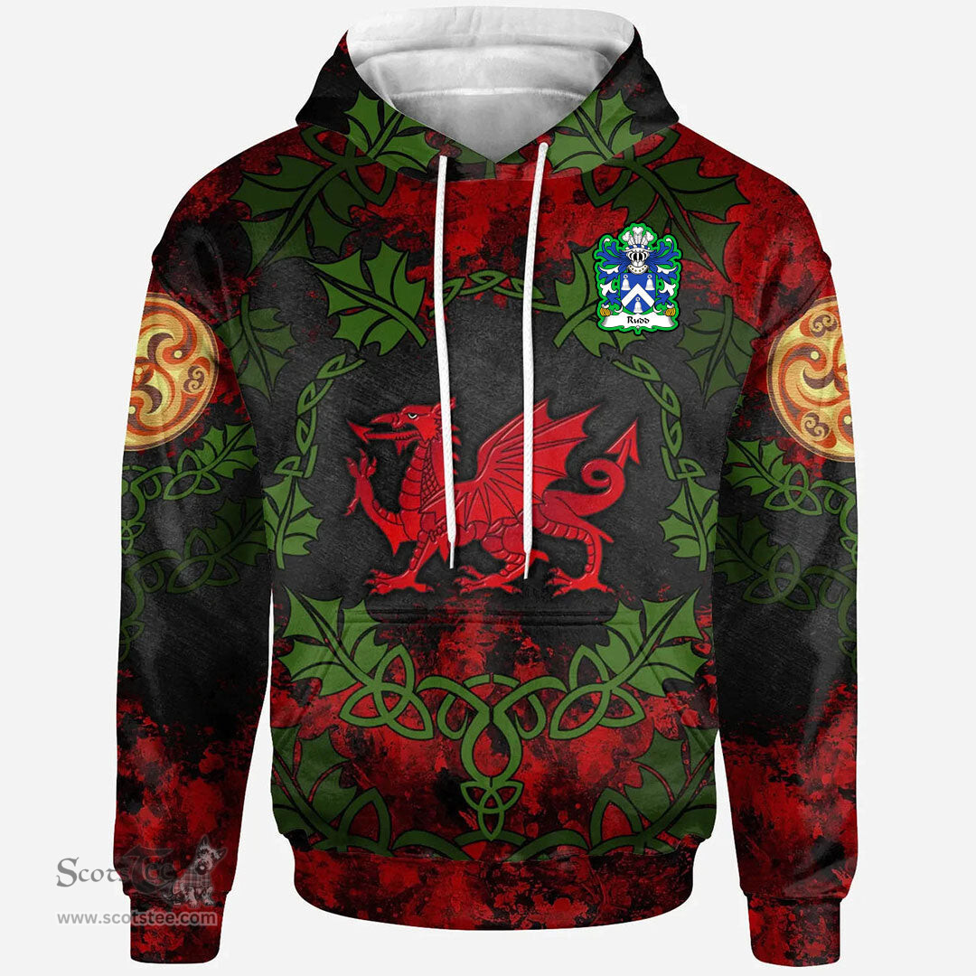 ScotsTee Shop Welsh Rudd Bishop of St David Coat of Arms Family Crest Wales Hoodie Welsh Dragon with Leaf Vines