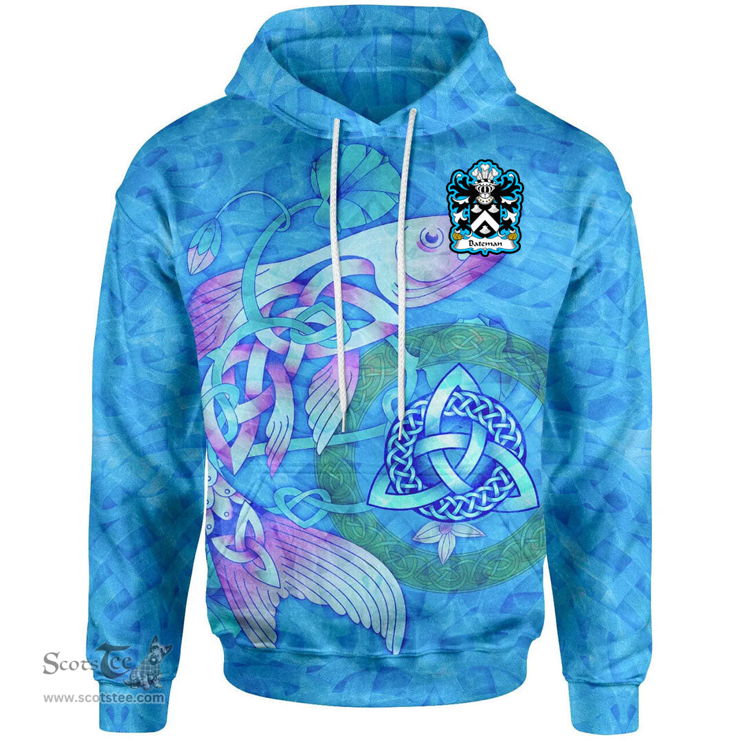 ScotsTee Shop Welsh Bateman of Honeyborough Pembrokeshire Coat of Arms Family Crest Wales Hoodie Celtic Fish With Triquetra Hoodie