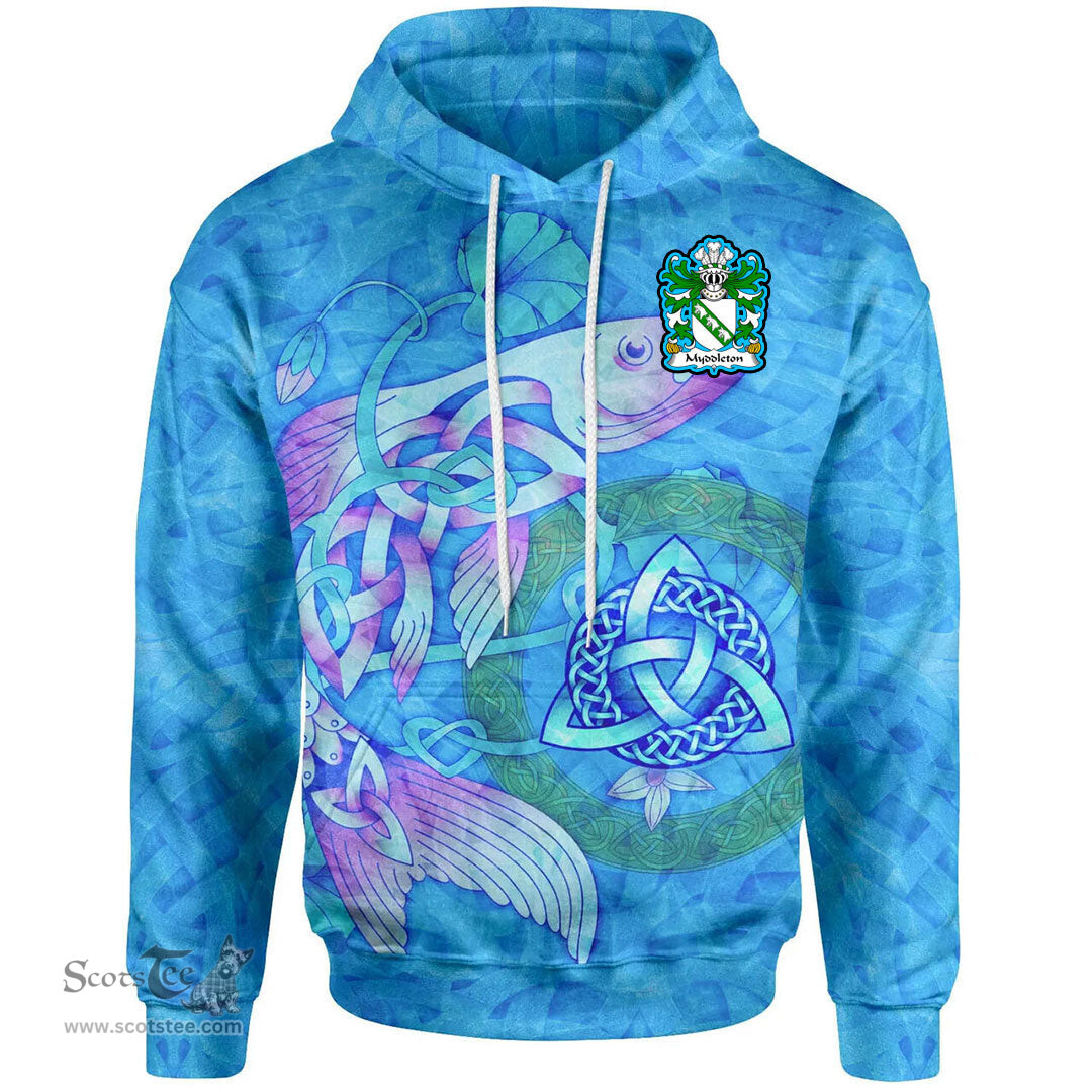 ScotsTee Shop Welsh Myddleton of Gwenynog Denbighshire Coat of Arms Family Crest Wales Hoodie Celtic Fish With Triquetra Hoodie
