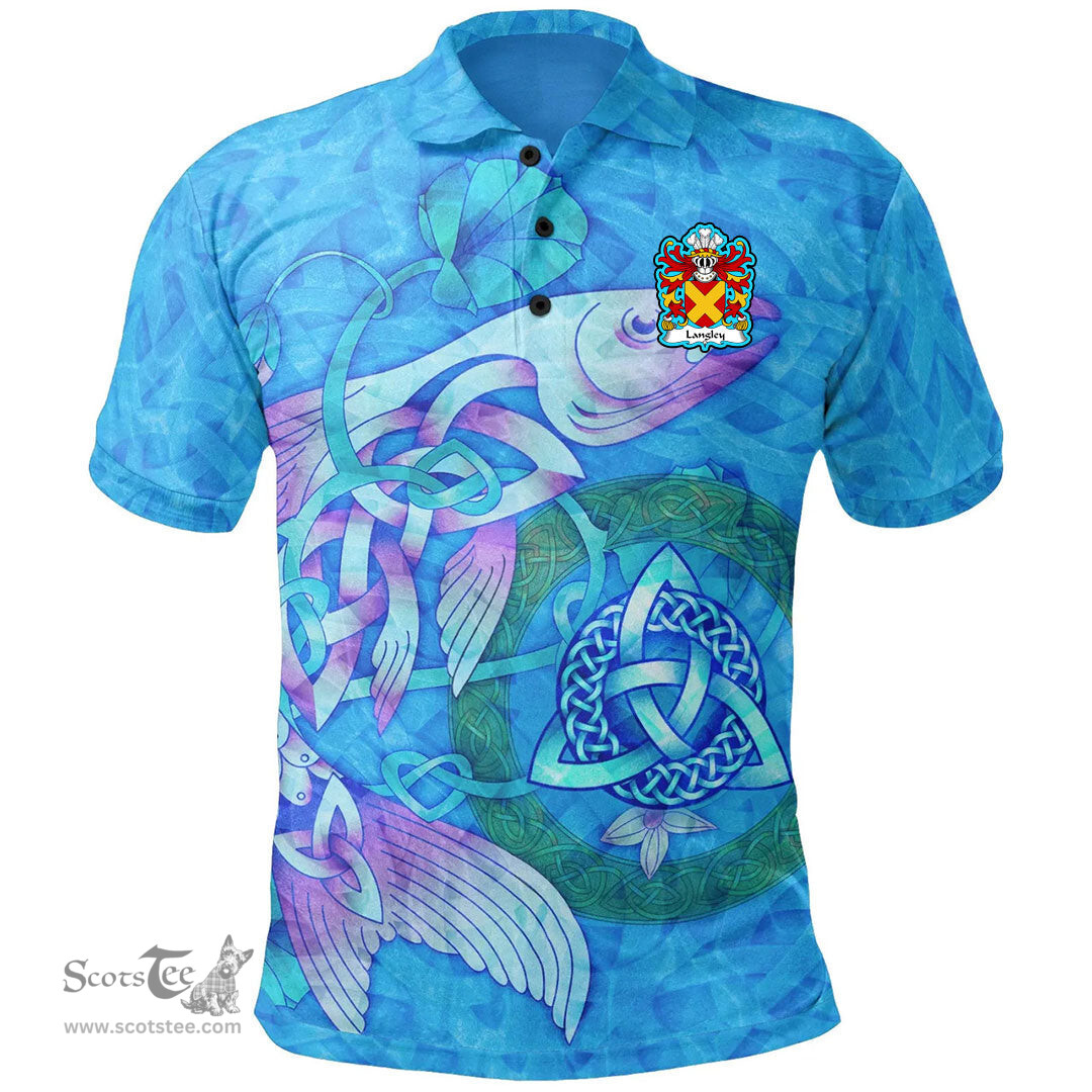 ScotsTee Shop Welsh Langley Coat of Arms Family Crest Wales Polo Shirt Celtic Fish With Triquetra Polo Shirt