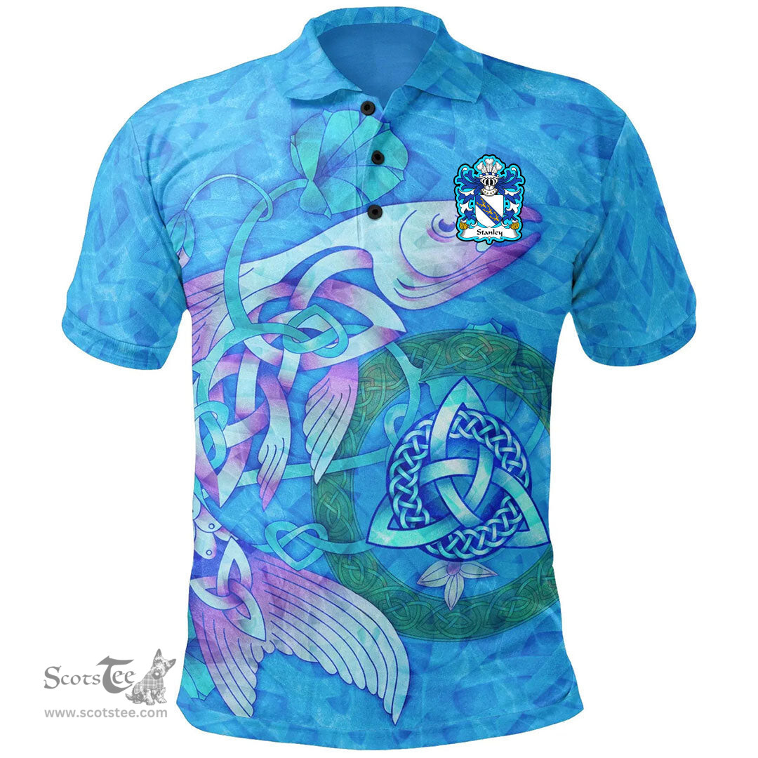 ScotsTee Shop Welsh Stanley of Ewloe Flint Coat of Arms Family Crest Wales Polo Shirt Celtic Fish With Triquetra Polo Shirt