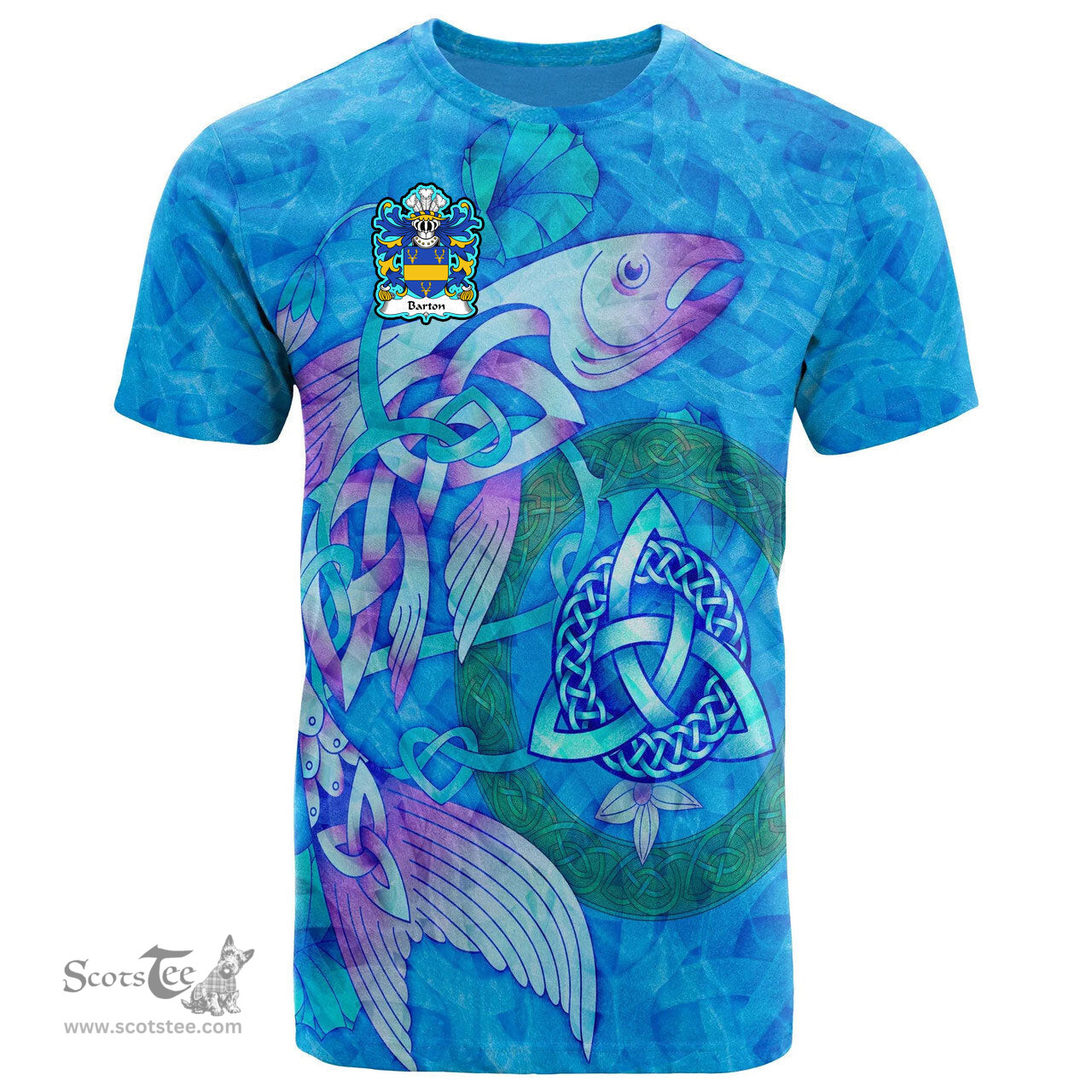 ScotsTee Shop Welsh Barton Coat of Arms Family Crest Wales T Shirt Celtic Fish With Triquetra T Shirt