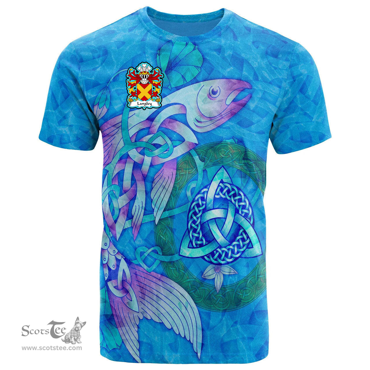 ScotsTee Shop Welsh Langley Coat of Arms Family Crest Wales T Shirt Celtic Fish With Triquetra T Shirt