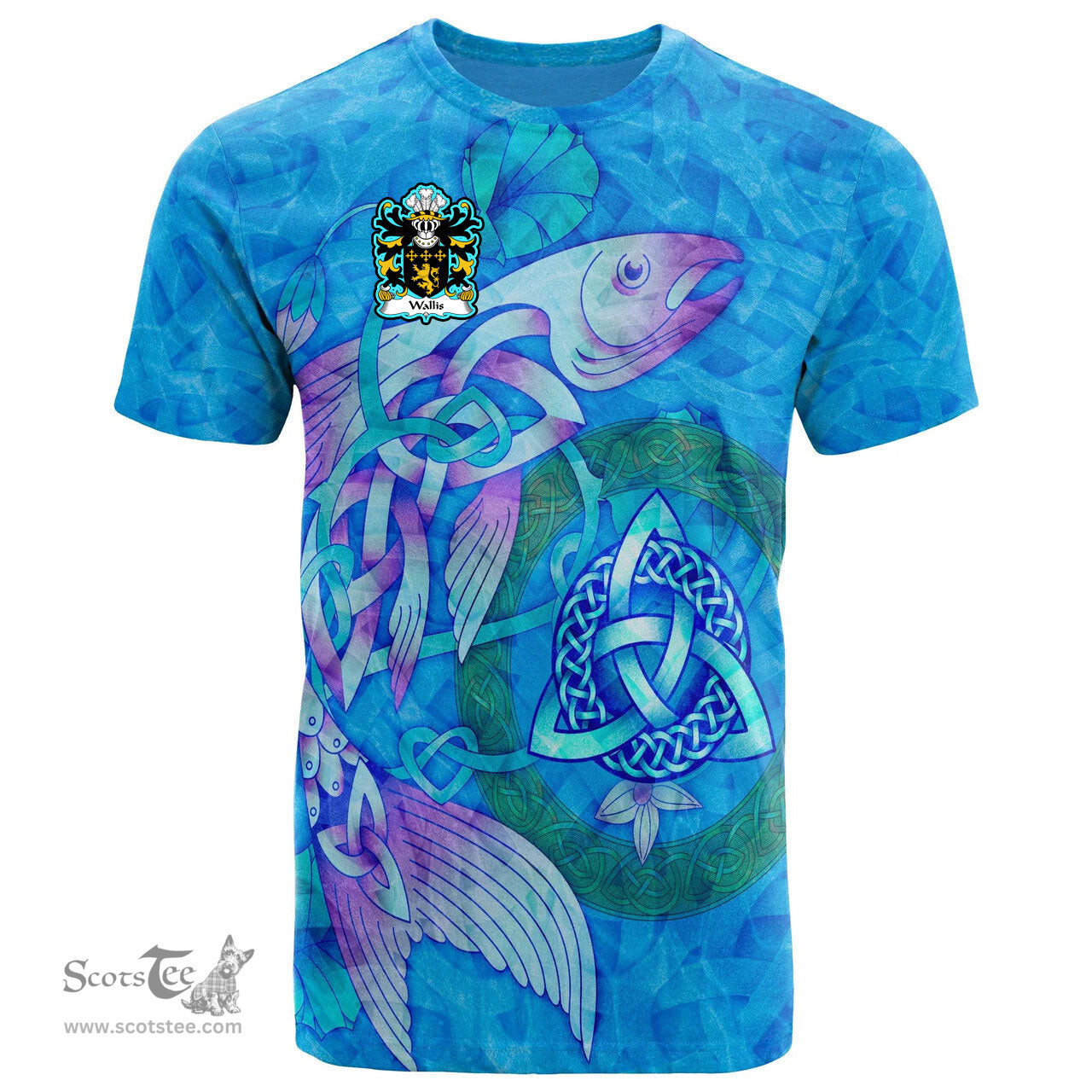ScotsTee Shop Welsh Wallis or Welsh of Llan wern Monmouthshire Coat of Arms Family Crest Wales T Shirt Celtic Fish With Triquetra T Shirt