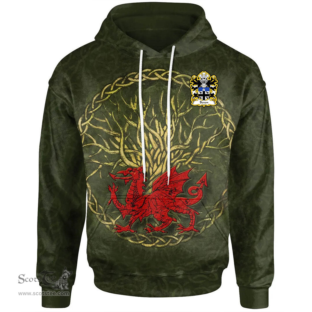 ScotsTee Shop Welsh Beven or Bevan Coat of Arms Family Crest Wales Hoodie Welsh Dragon With Celtic Tree Hoodie