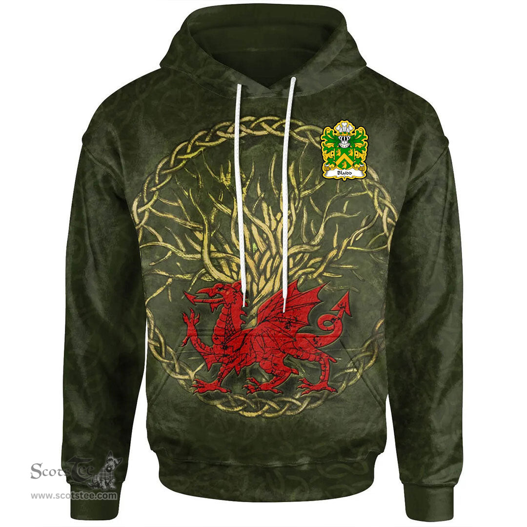 ScotsTee Shop Welsh Blaidd AB ELFARCH Coat of Arms Family Crest Wales Hoodie Welsh Dragon With Celtic Tree Hoodie