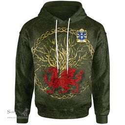 ScotsTee Shop Welsh Clough of Denbighshire Coat of Arms Family Crest Wales Hoodie Welsh Dragon With Celtic Tree Hoodie