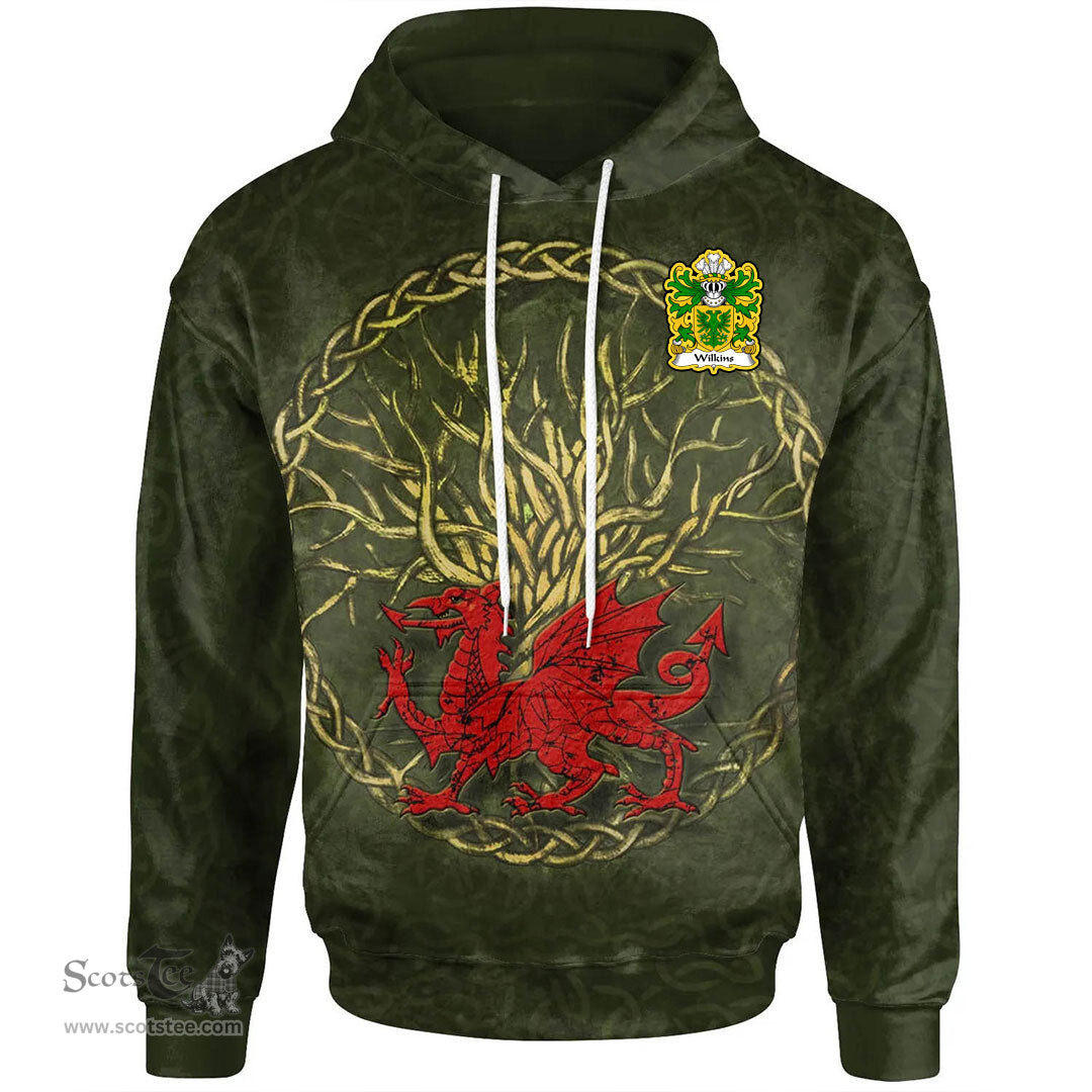 ScotsTee Shop Welsh Wilkins of Glamorgan Coat of Arms Family Crest Wales Hoodie Welsh Dragon With Celtic Tree Hoodie