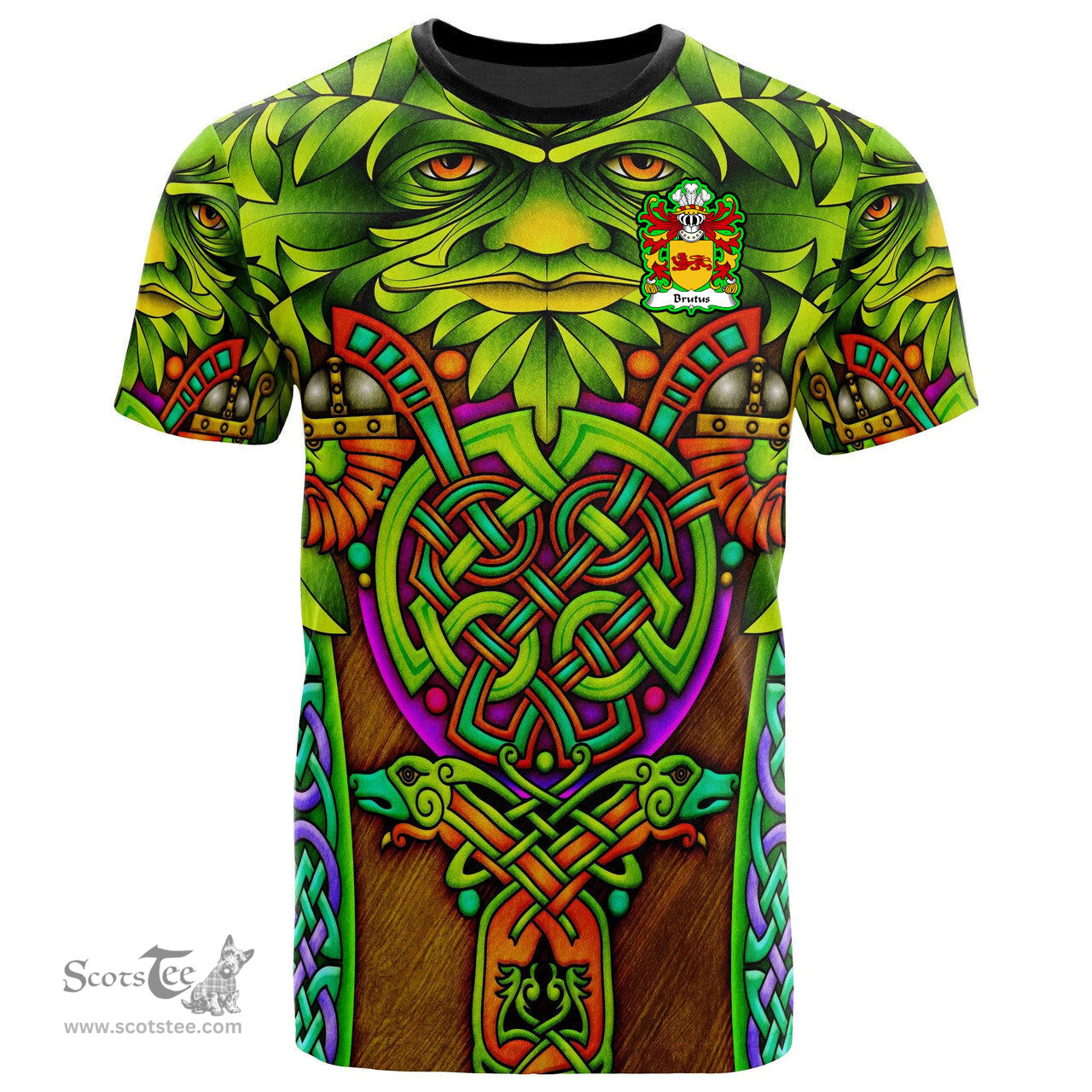 ScotsTee Shop Welsh Brutus AP JULIUS AB ASCANIUS Coat of Arms Family Crest Wales T Shirt Celtic Green Man T Shirt