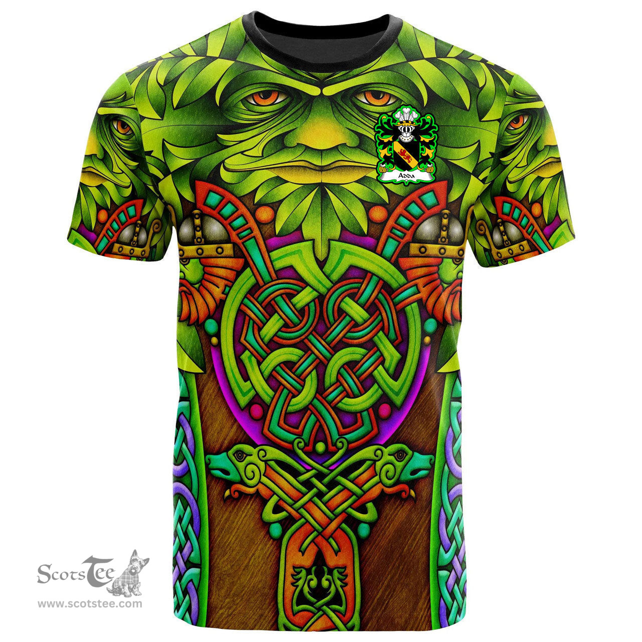 ScotsTee Shop Welsh Adda of Mochnant Coat of Arms Family Crest Wales T Shirt Celtic Green Man T Shirt
