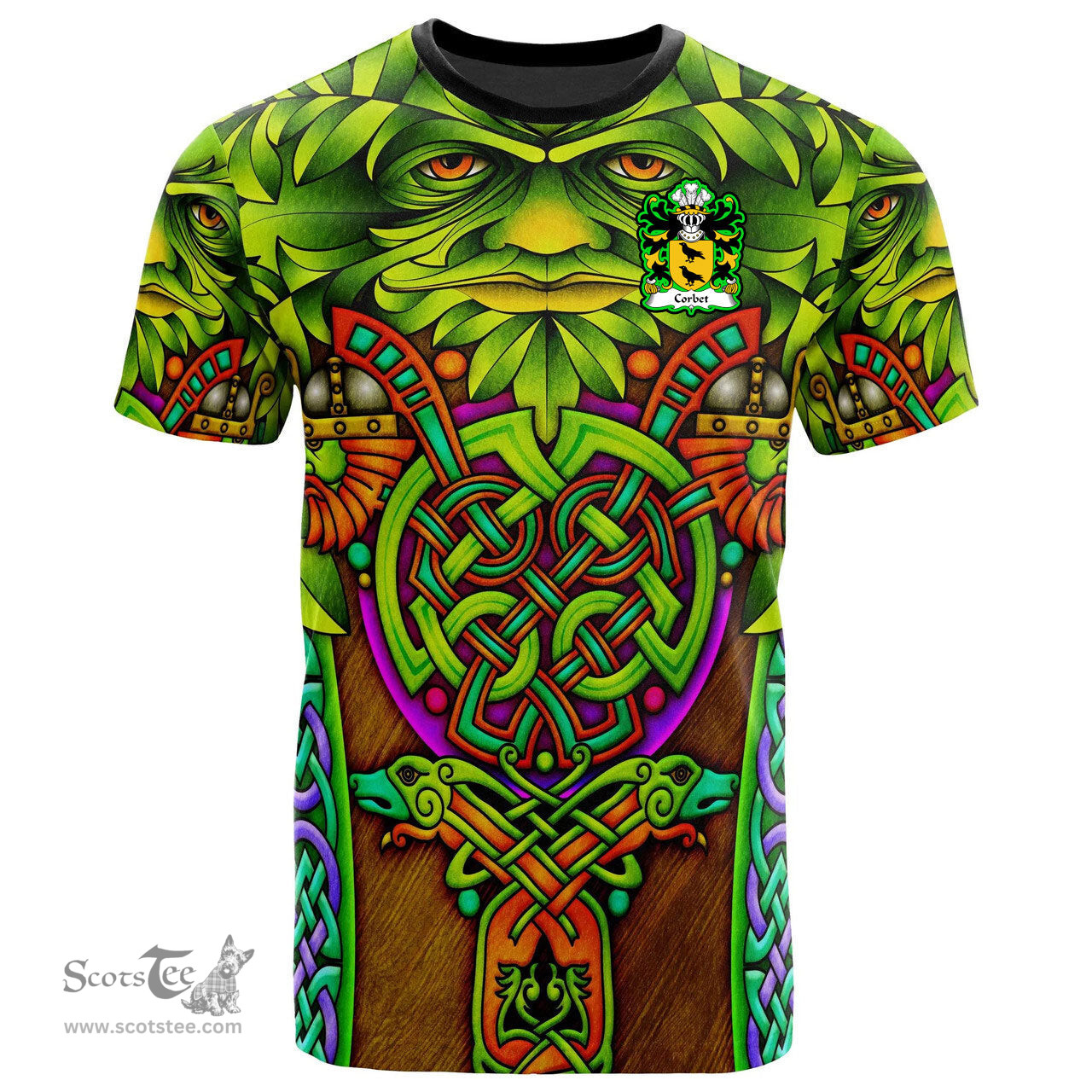 ScotsTee Shop Welsh Corbet of Cawrse Montgomeryshire Coat of Arms Family Crest Wales T Shirt Celtic Green Man T Shirt