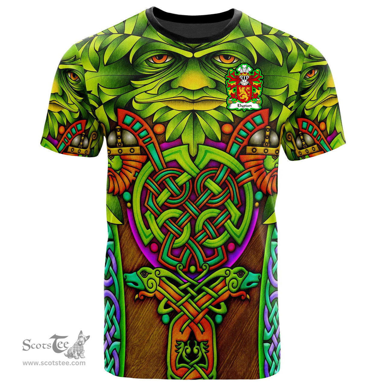 ScotsTee Shop Welsh Elystan GLODRYDD Coat of Arms Family Crest Wales T Shirt Celtic Green Man T Shirt