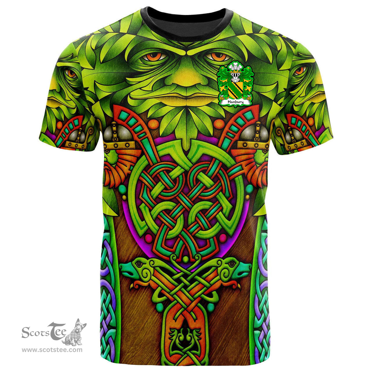 ScotsTee Shop Welsh Hanbury of Pontypool Monmouthshire Coat of Arms Family Crest Wales T Shirt Celtic Green Man T Shirt