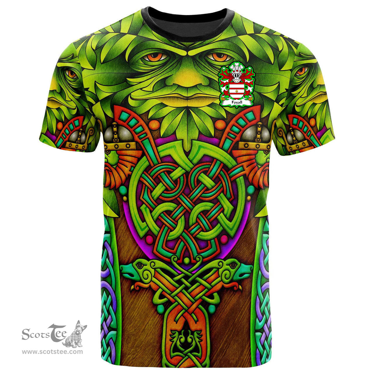 ScotsTee Shop Welsh Foxall of Foxall Denbighshire Coat of Arms Family Crest Wales T Shirt Celtic Green Man T Shirt
