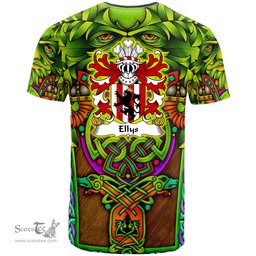 ScotsTee Shop Welsh Ellys of Denbighshire Coat of Arms Family Crest Wales T Shirt Celtic Green Man T Shirt
